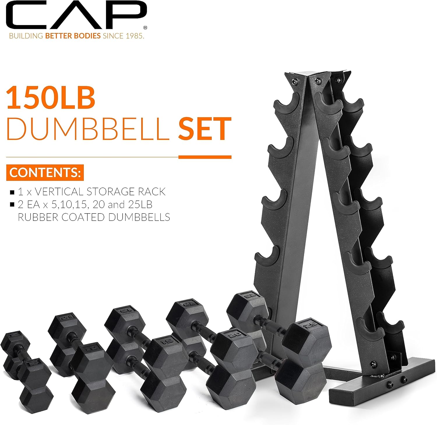 CAP Barbell 150 LB Coated Hex Dumbbell Weight Set with Vertical Rack | Multiple Options Black Handle Green Rack